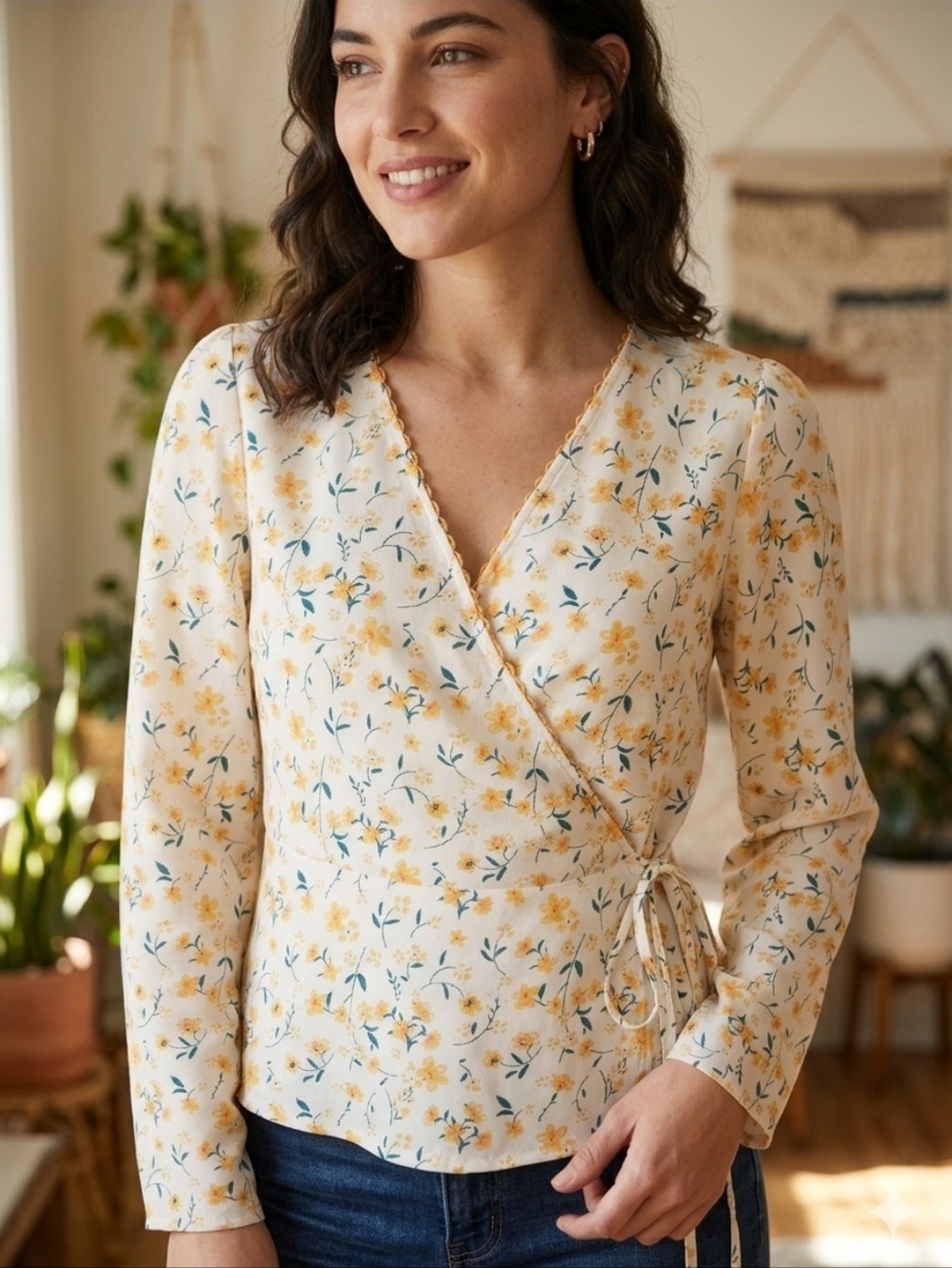 Lascana Floral Wrap Blouse in Cream and Yellow Long Sleeve Size 8/ Medium